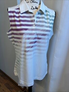 Nike Golf  NWT White Sleeveless Polo Tank with Purple and Teal Stripes LARGE
